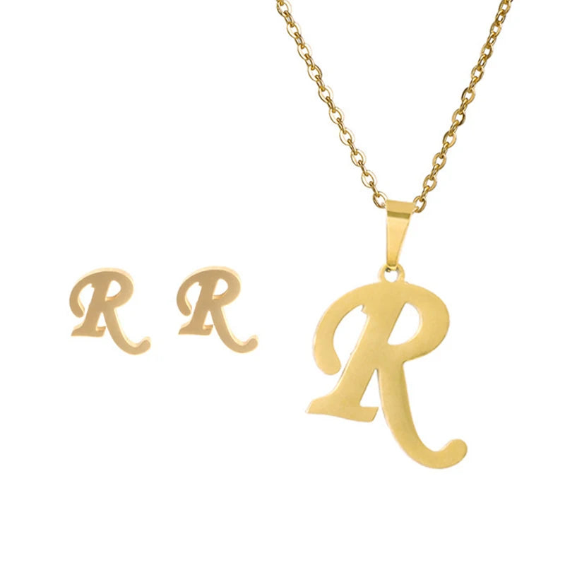 Initial Letter Necklace and Earring Set