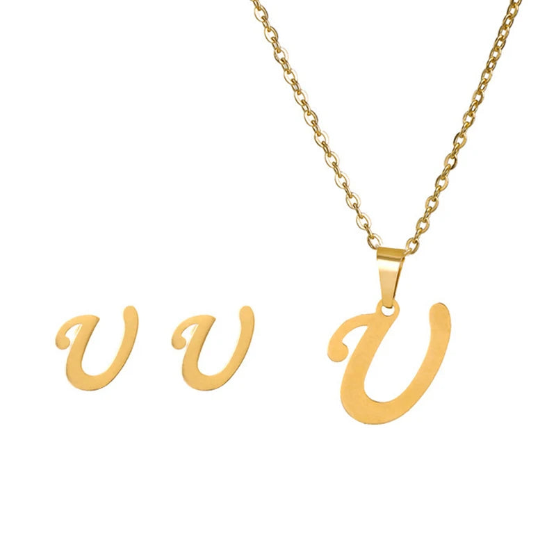 Initial Letter Necklace and Earring Set