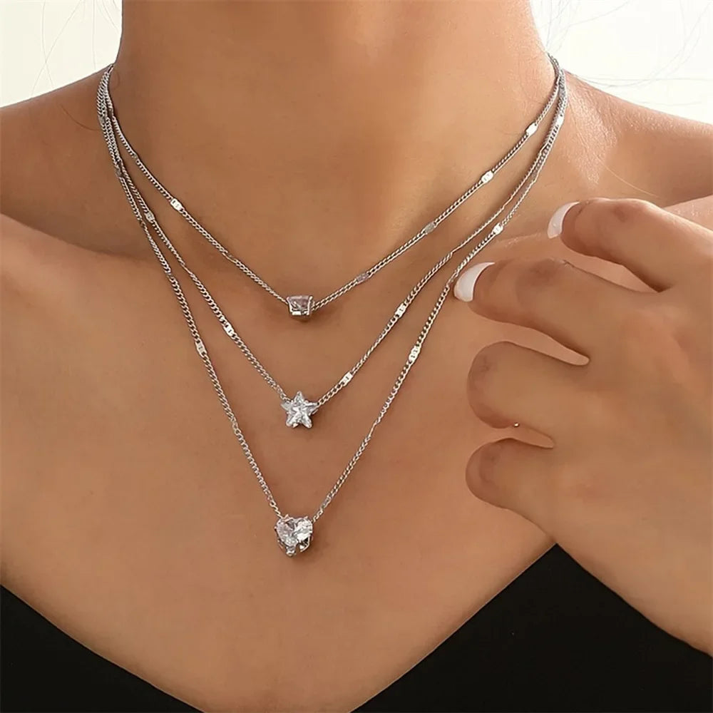 Vintage Shiny Rhinestone Love Heart Pendant Necklace Multi-layer Thin Chain Choker