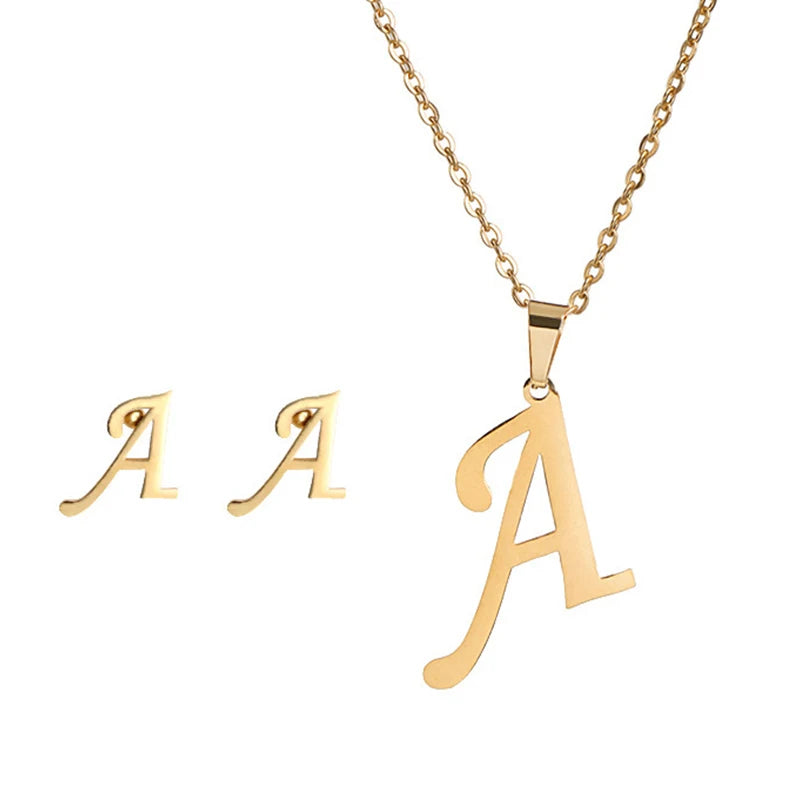 Initial Letter Necklace and Earring Set