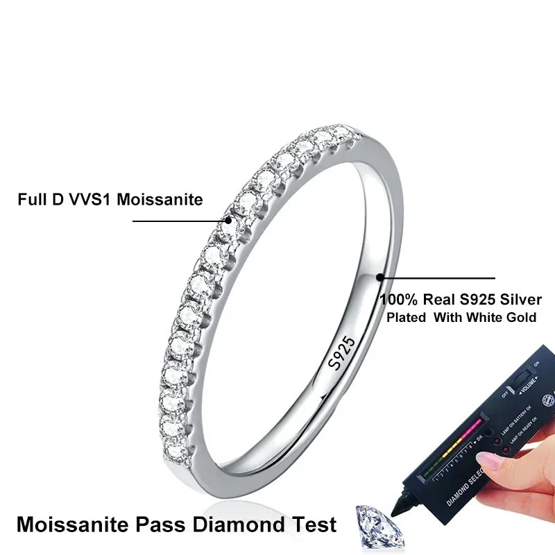 Moissanite Ring 925 Sterling Silver with White Gold Plated Lab Diamond Eternity Band Engagement Wedding Rings