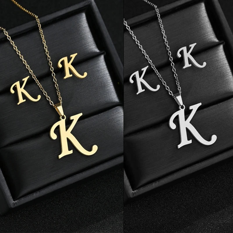 Initial Letter Necklace and Earring Set