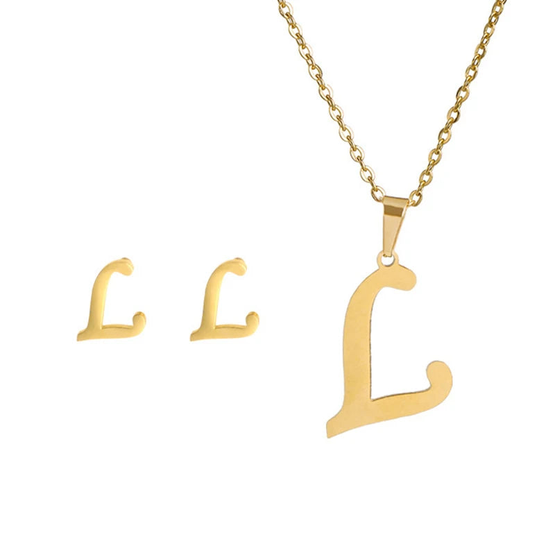 Initial Letter Necklace and Earring Set