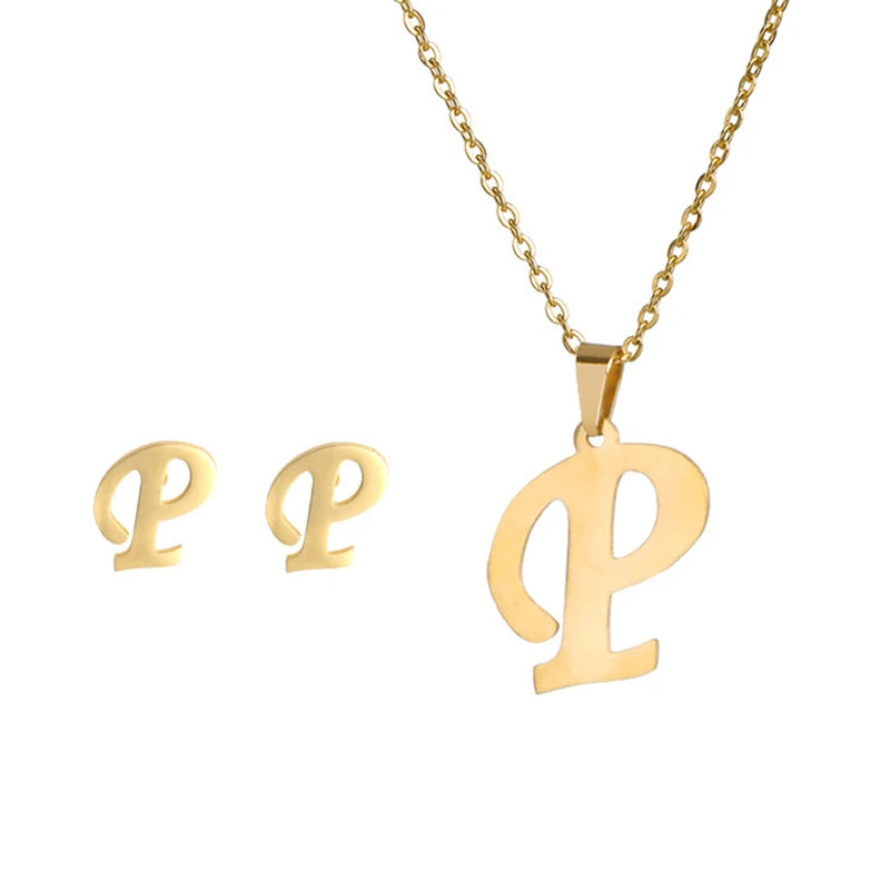 Initial Letter Necklace and Earring Set