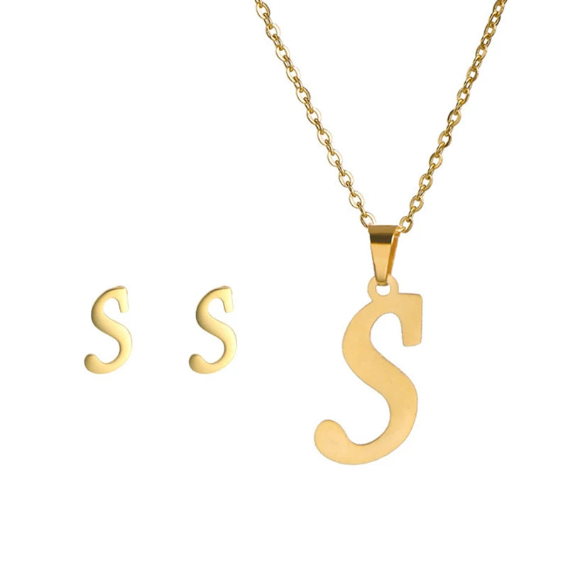 Initial Letter Necklace and Earring Set