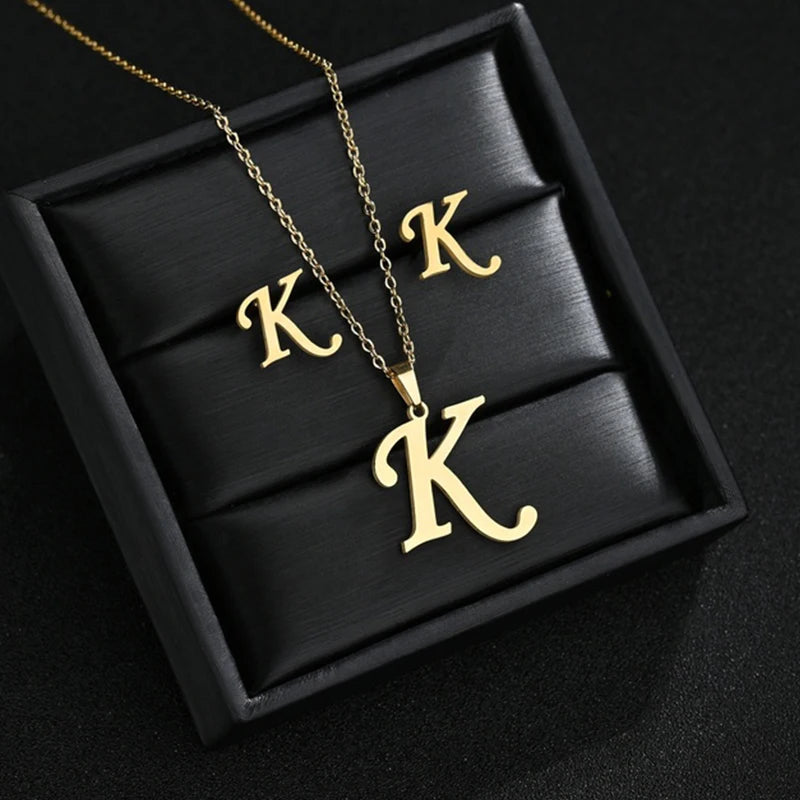 Initial Letter Necklace and Earring Set