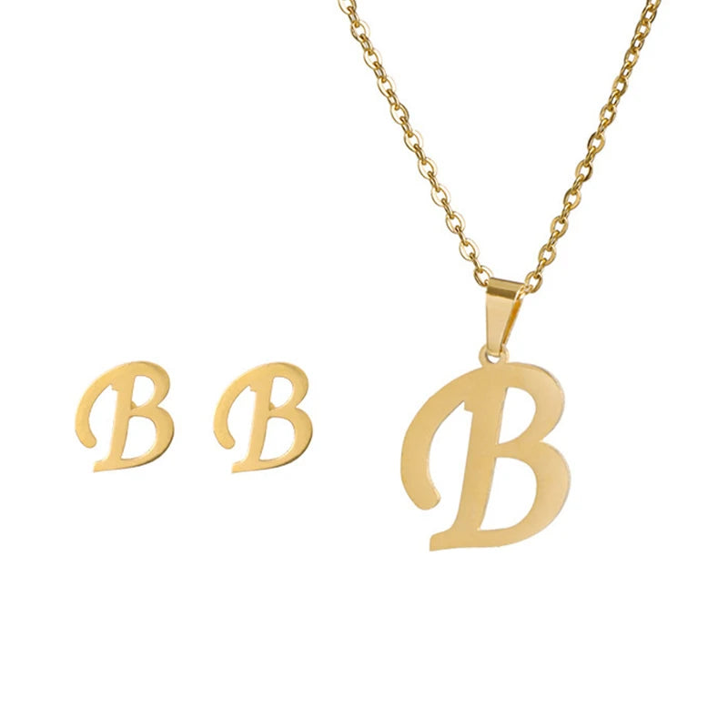 Initial Letter Necklace and Earring Set